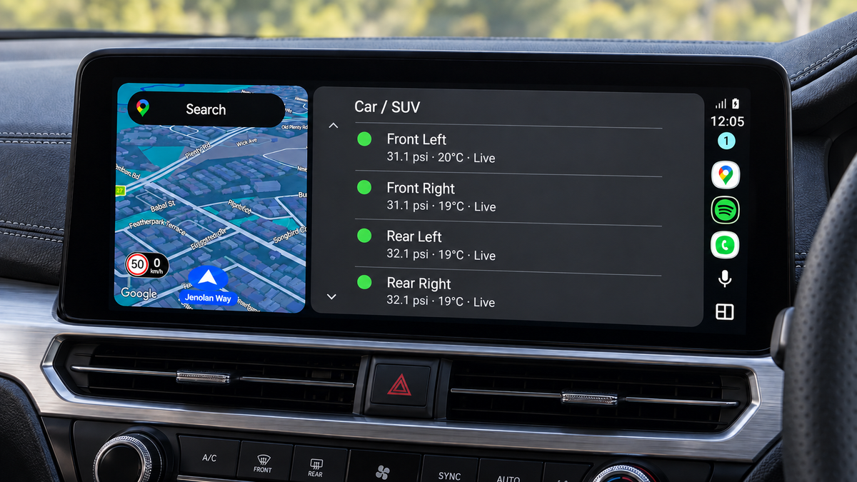 SAVR live tyre pressure and temperature for every tyre shown on an Android Auto screen