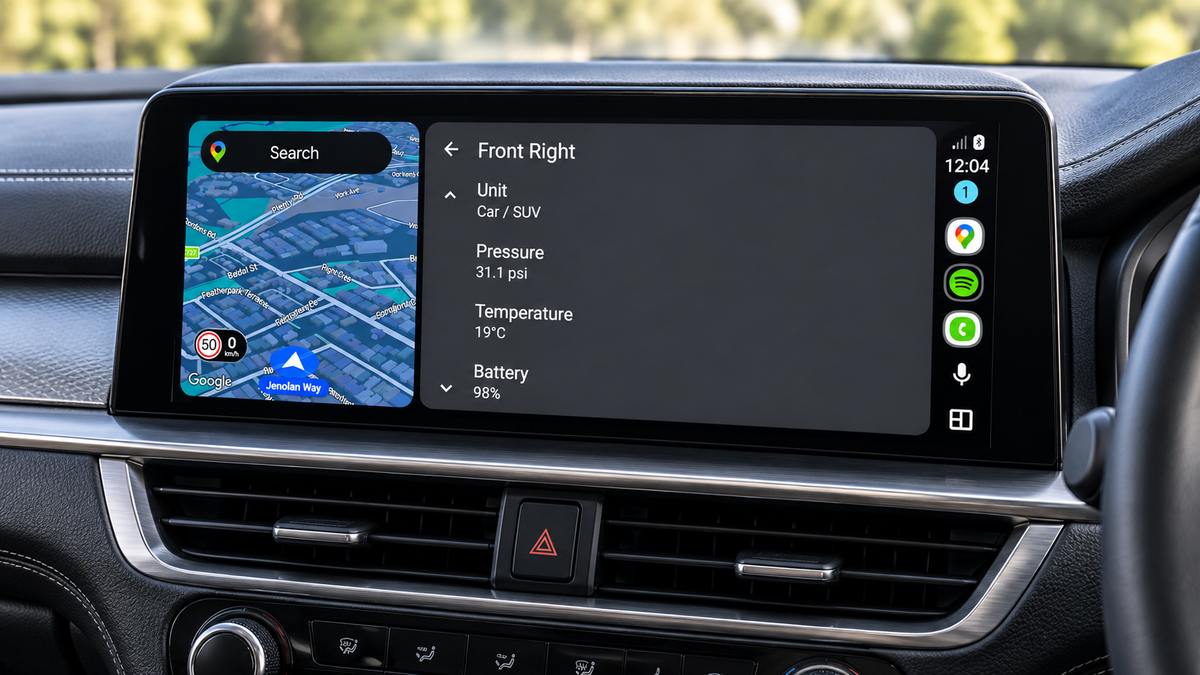 SAVR tyre pressures on the Android Auto screen, seen from behind the steering wheel