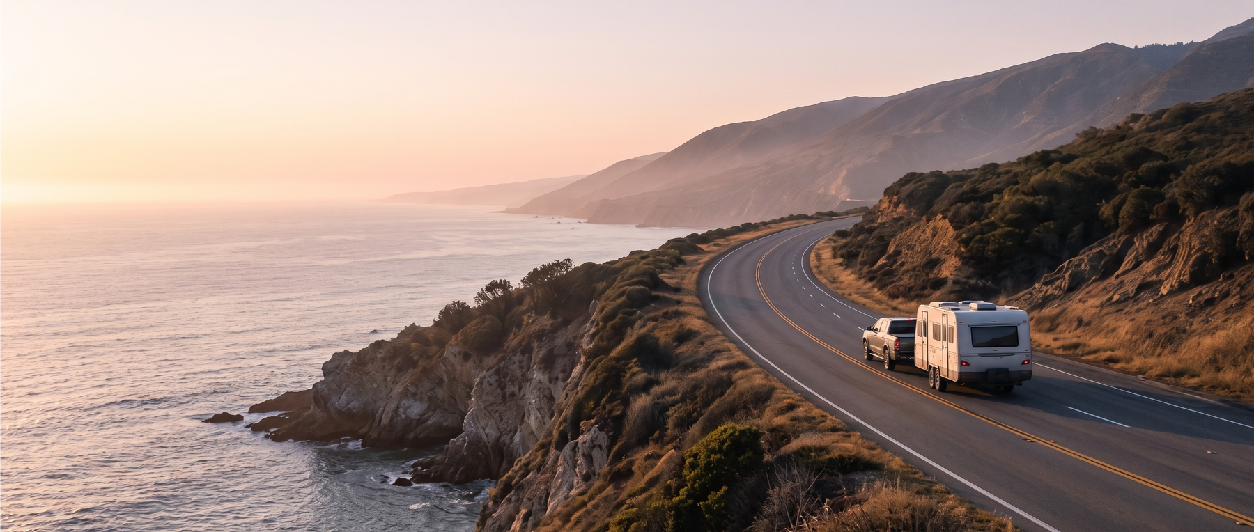 A four wheel drive towing a caravan along a coastal road